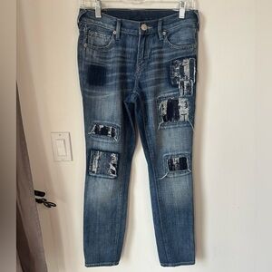 True Religion Cameron slim Boyfriend Blue Distressed Patch Jeans size 25